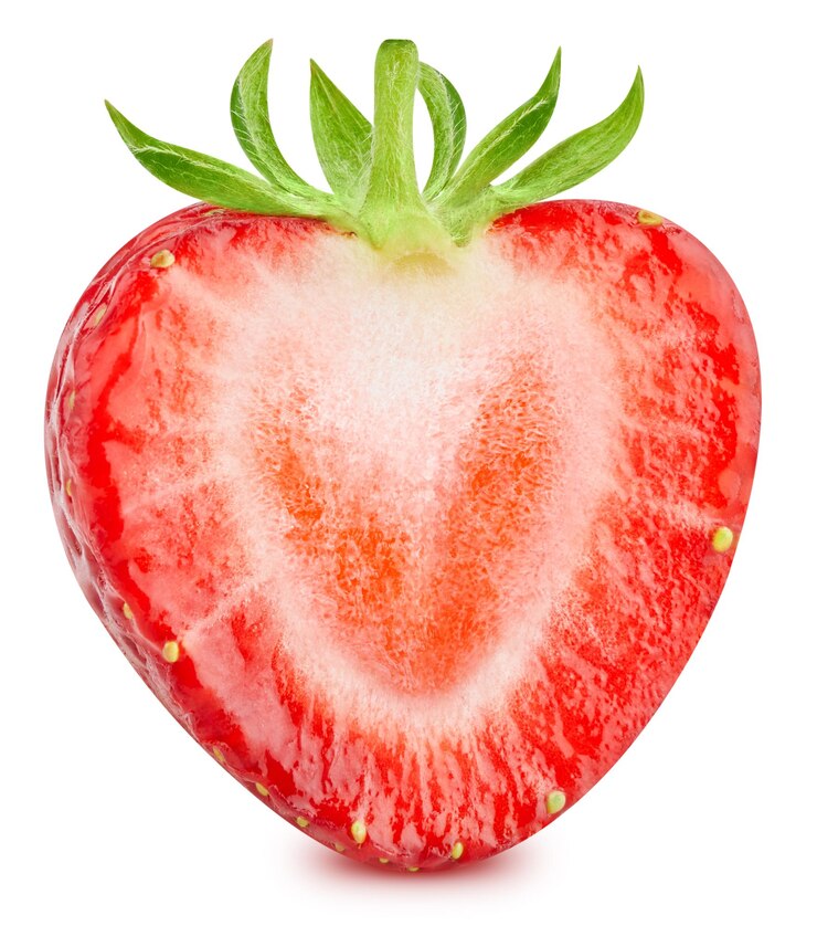 Photo half of strawberry isolated on white background. strawberry half clipping path. strawberry macro