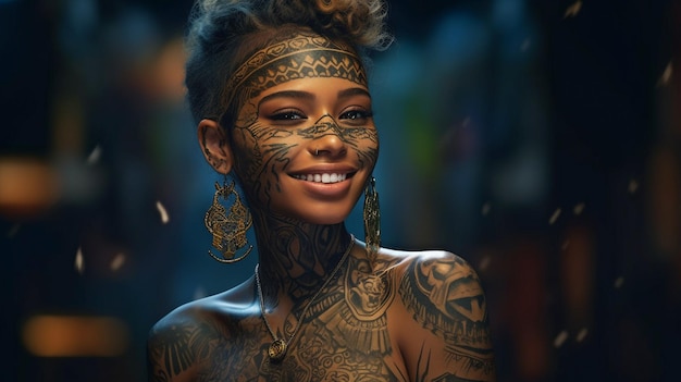 Halfbody foto iperrealistica sorridente ritratto di una donna nera tatuata dal futuro punk del Sud America e AI generativa