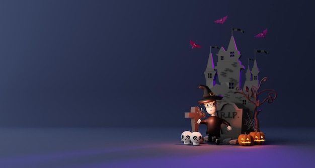 Halloween al cimitero con il mago di notte nel cimitero infestato e pipistrelli volano sullo sfondo notturno