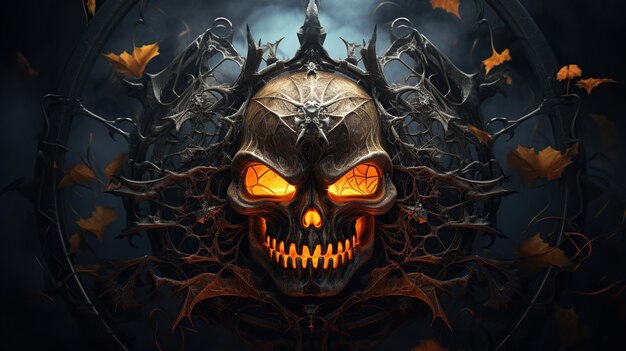 Halloween bizzarra creatura spaventosa con occhi fiammeggianti e bocca testa di zucca