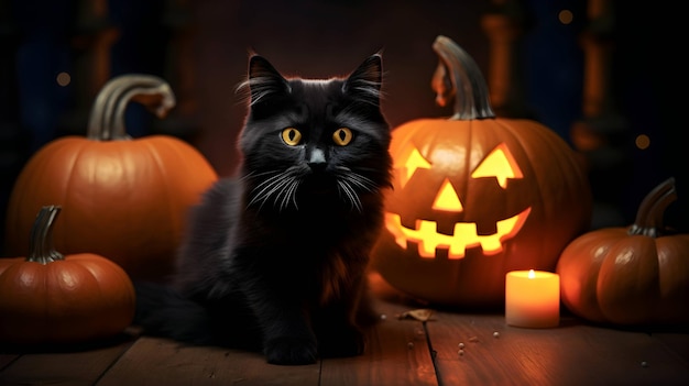 Halloween carino gatto nero e lanterne di zucca immagine generata da AI