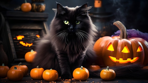 Halloween carino gatto nero e lanterne di zucca immagine generata da AI