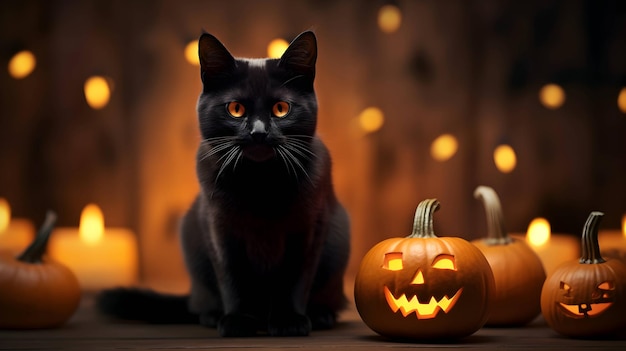 Halloween carino gatto nero e lanterne di zucca immagine generata da AI