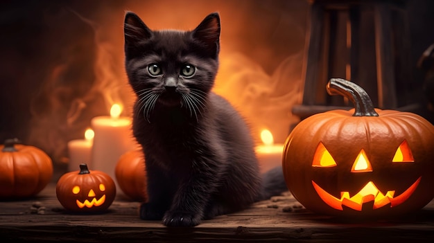 Halloween carino gatto nero e lanterne di zucca immagine generata da AI