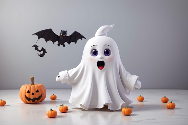 Halloween carino ragazzino in costume fantasma su sfondo isolato Concetto di vacanza