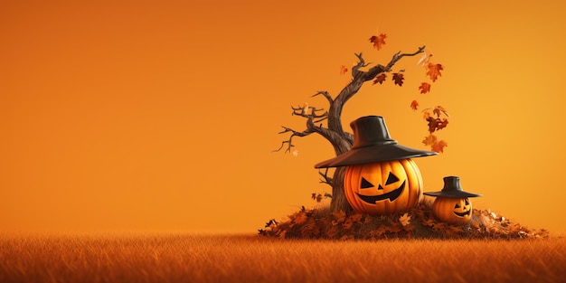 Halloween che sorride una zucca con il cappello della strega