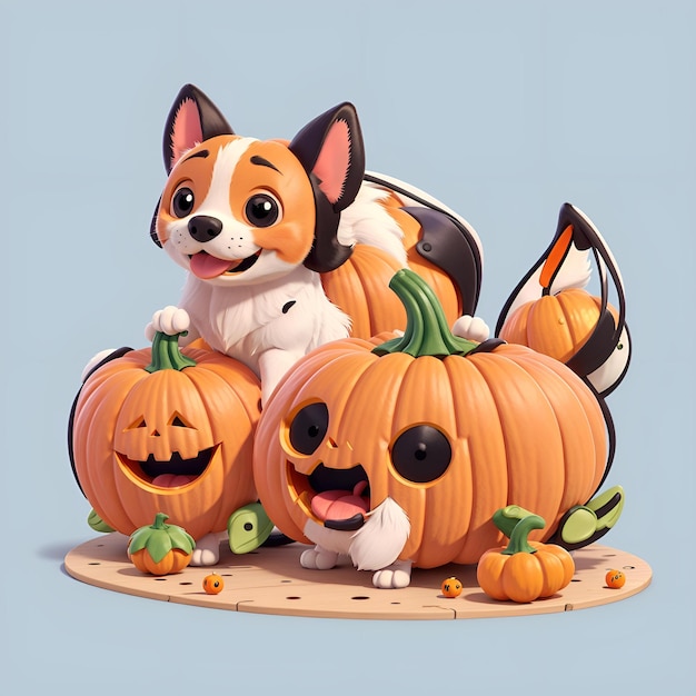 Halloween con lo stile di illustrazione 2D dei cani Kawaii di intelligenza artificiale