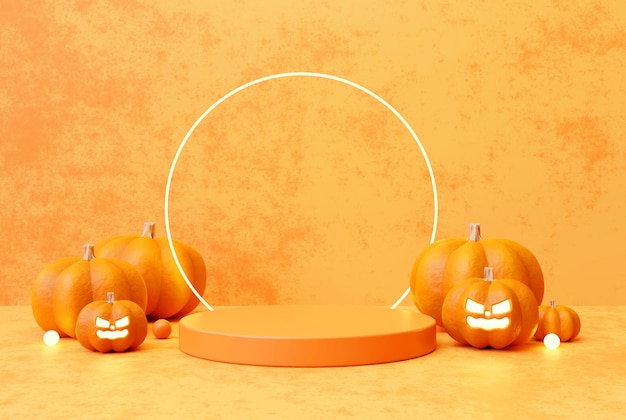 Halloween con piattaforma di visualizzazione del prodotto del piedistallo del podio della zucca per lo sfondo 3d del posizionamento del prodotto