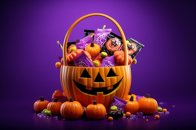 Halloween concept background Halloween jack o lanterna cesto pieno di caramelle Trick or treat