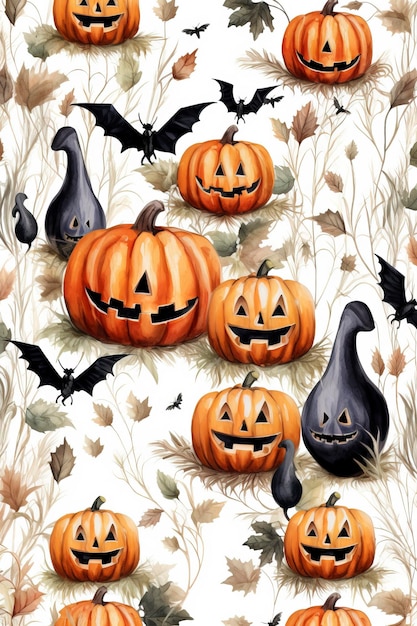 Halloween dettagliate zucche e fantasmi pipistrelli sfondo bianco pro vector modelli senza soluzione di continuità wate