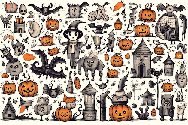 Halloween Doodles Clip art su sfondo bianco