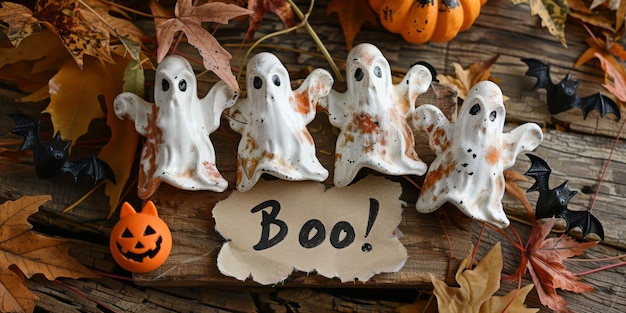 Halloween Flat Lay con figurine di fantasmi e casa infestata