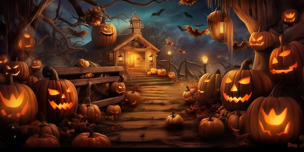 Halloween Fullmoon Banner Casa stregata Zucche e pipistrelli