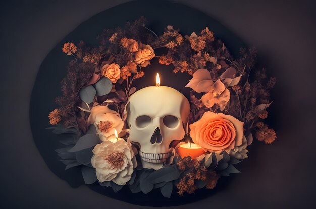 halloween giorno del teschio morto con fiori in un cerchio carta stile d'arte ai sfondo generato