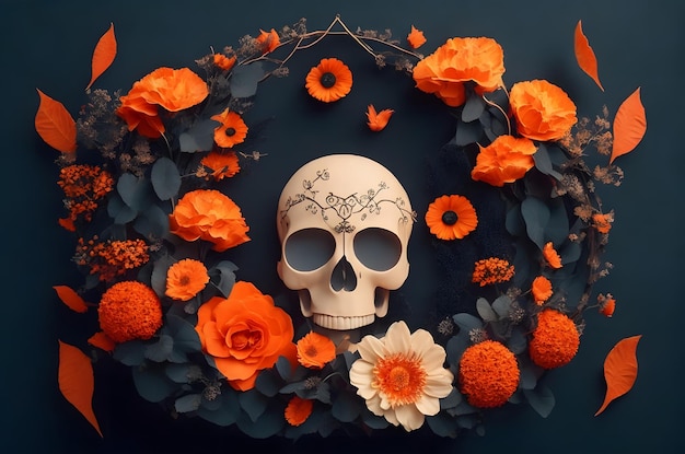 halloween giorno del teschio morto con fiori in un cerchio carta stile d'arte ai sfondo generato