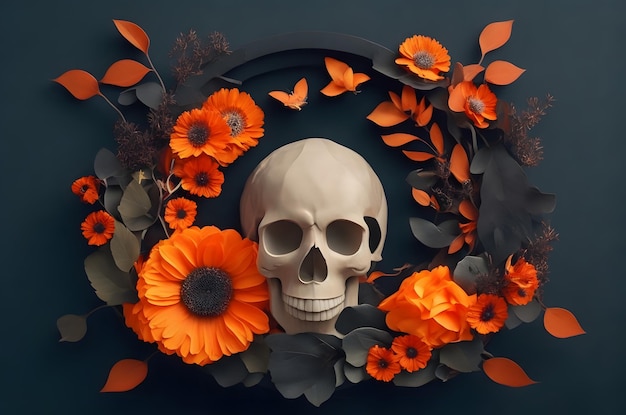 halloween giorno del teschio morto con fiori in un cerchio carta stile d'arte ai sfondo generato