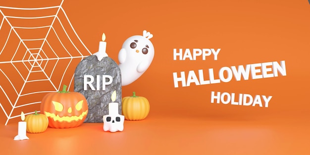 Halloween Holiday Design Zucca fantasma spaventosa con sorrisi spaventosi sul viso Banner Web Poster per feste Illustrazione di rendering 3D