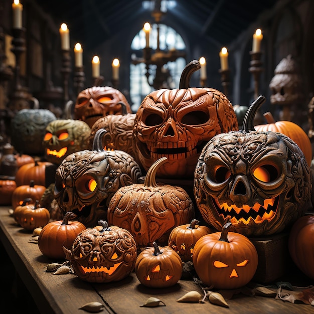 Halloween inquietante schiarisce le zucche jack o'lanterns sul tavolo nella sala buia generato dall'intelligenza artificiale