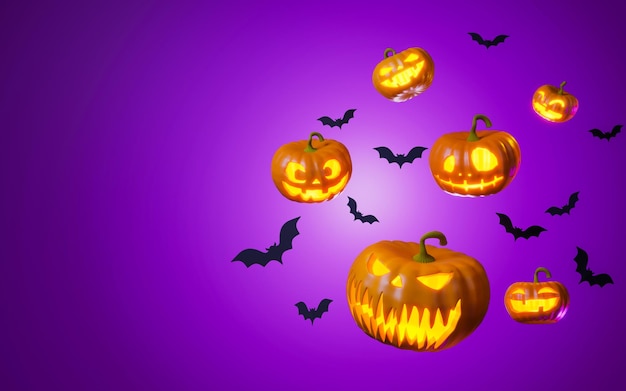 Halloween Jack O'Lantern zucca e pipistrelli. illustrazione 3d