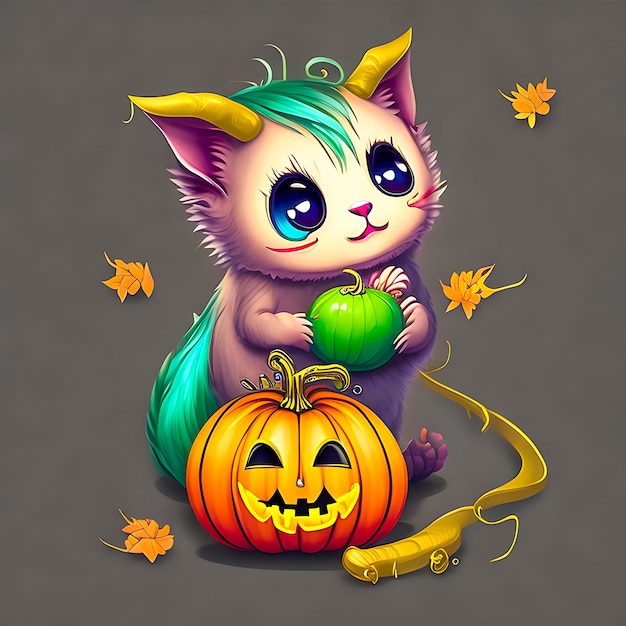 Halloween Kawaii Kittens che giocano con una piccola zucca AI generativa