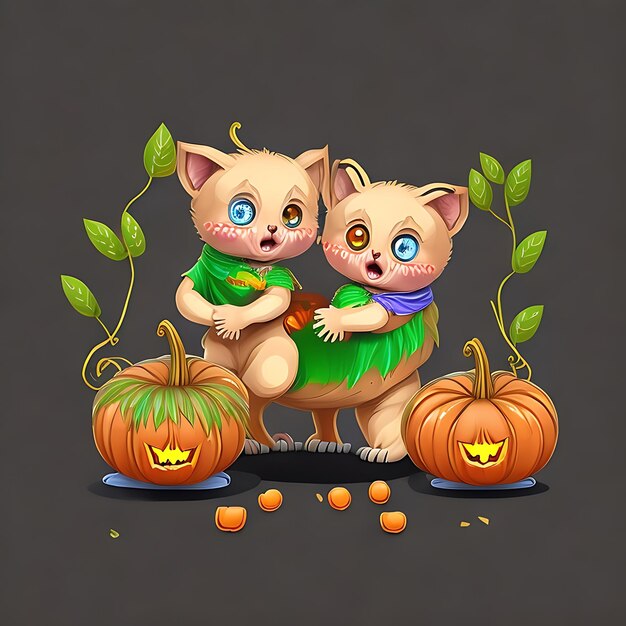 Halloween Kawaii Kittens che giocano con una piccola zucca AI generativa