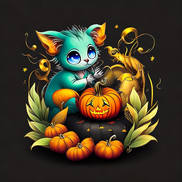 Halloween Kawaii Kittens che giocano con una piccola zucca AI generativa