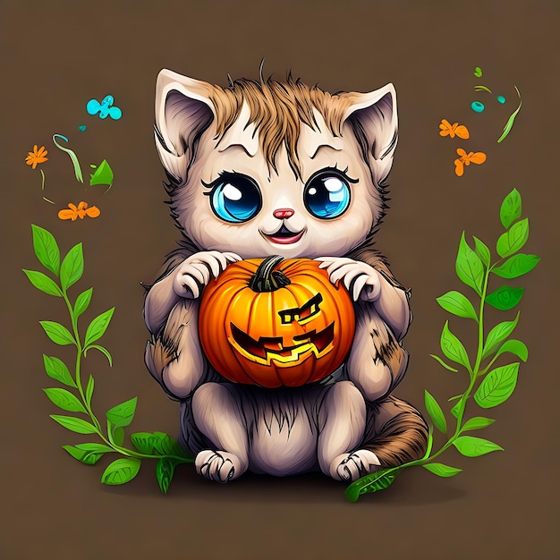 Halloween Kawaii Kittens che giocano con una piccola zucca AI generativa