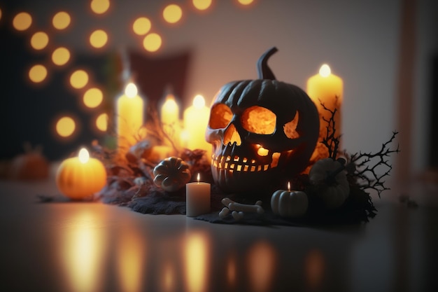 Halloween Le anime dei morti sono tornate alle loro case Zucche streghe scheletri maghe spiriti dei morti notte oscura caramelle candele spaventose AI generativa