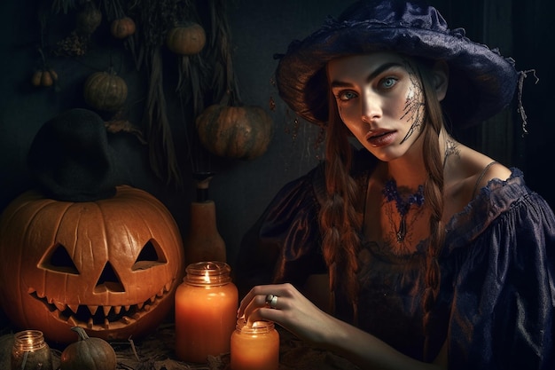 Halloween Le anime dei morti sono tornate alle loro case Zucche streghe scheletri maghe spiriti dei morti notte oscura caramelle candele spaventose AI generativa