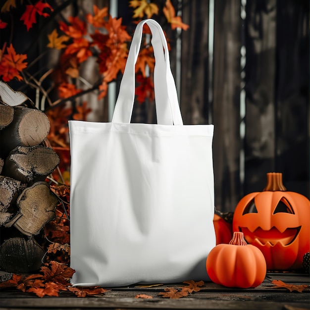 Halloween Mockup Plain White Tote Bag con elementi inquietanti