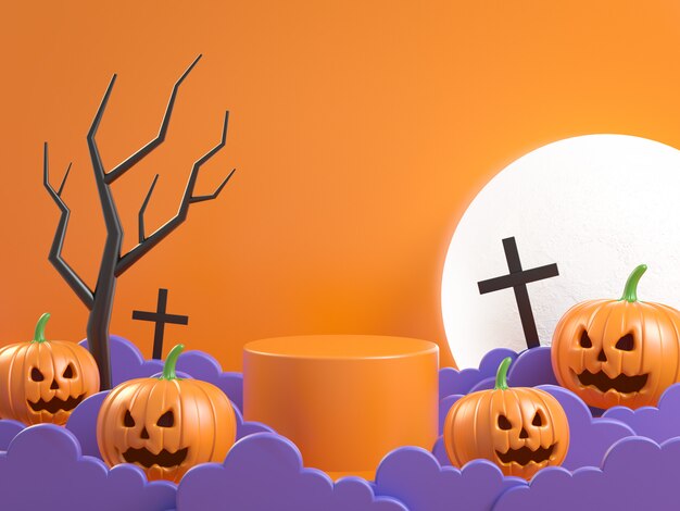 Halloween Mockup Podio Concetto Zucca Nella Nebbia Rendering 3d