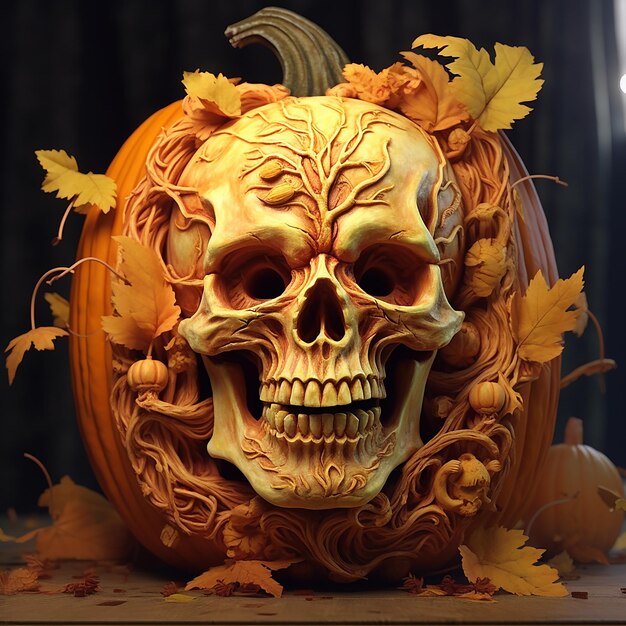 Halloween Mostra un volto di zucca intagliato che incorpora elementi della natura