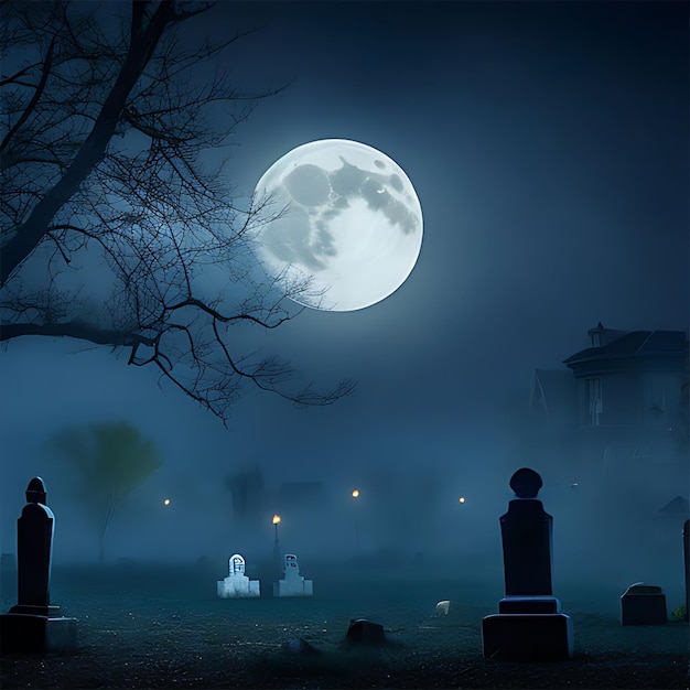 Halloween Party Card zucche e scheletro nel cimitero di notte con tavola di legno