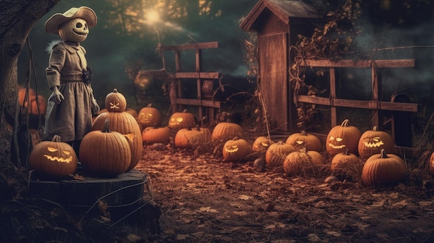 Halloween Pumpkins and Zombies in Cemetery with Wooden Board Generative Ai (Pomponi e Zombie nel cimitero con tavola di legno Generative Ai)