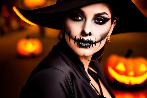 halloween Ritratto di una donna con il trucco di strega in un costume vicino alle zucche di notte in città