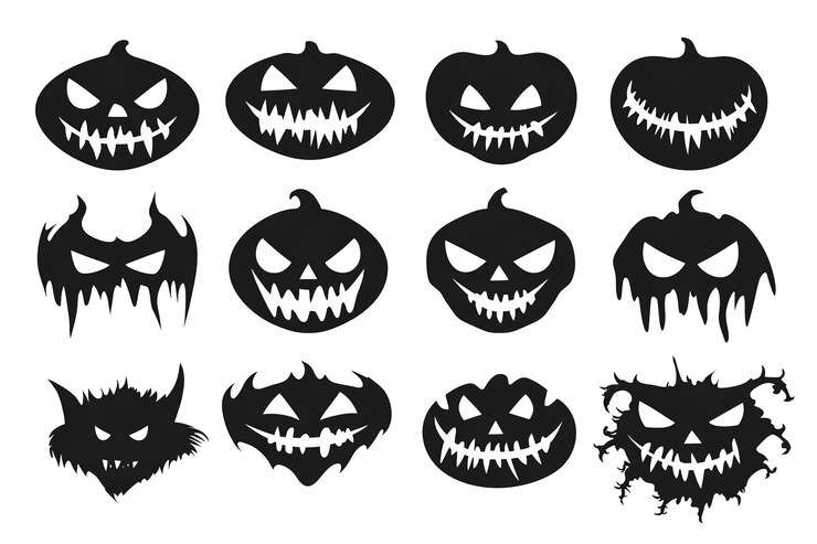 Photo halloween scary face icons set simple silhouettes in black color vector illustration on a white back
