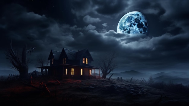 Halloween scary house night full moon sky image arte generata dall'IA