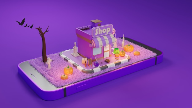 Halloween Shopping online e servizio di consegna su applicazione mobile, trasporto o consegna di cibo in scooter, rendering 3d.