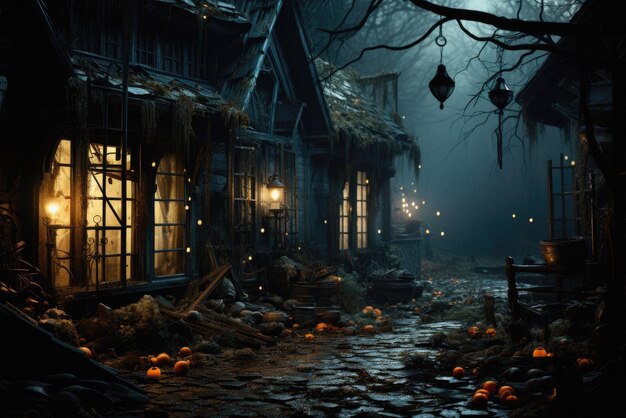 Halloween sullo sfondo spaventoso zucche spaventose in un castello fantasma orribile