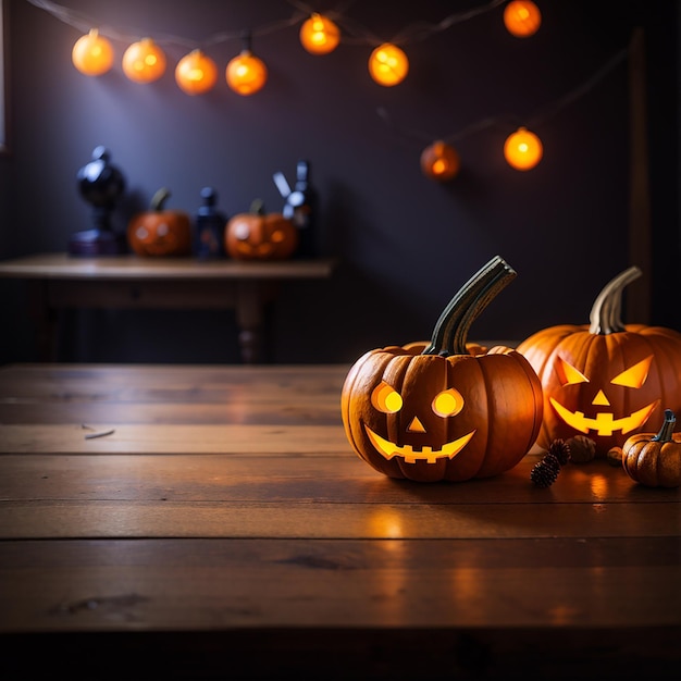 halloween tavolo di legno vuoto sfocato sfondo luminoso