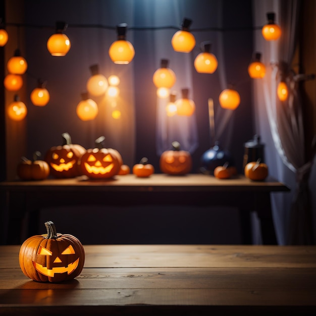 halloween tavolo di legno vuoto sfocato sfondo luminoso