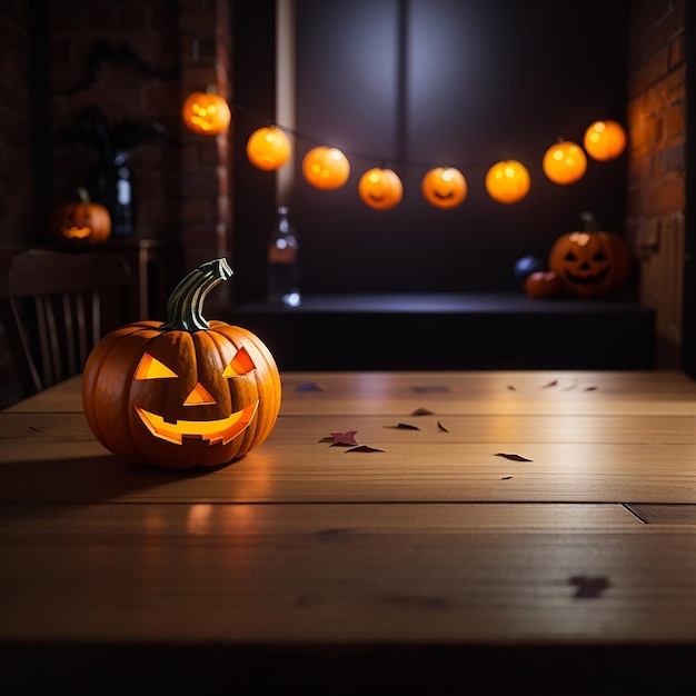 halloween tavolo di legno vuoto sfocato sfondo luminoso