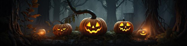 Halloween testa di zucca jack o lanterna con faccia luminosa su sfondo scuro AI generativa