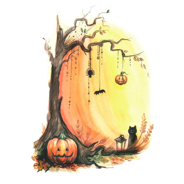 Halloween Un albero con zucche un ragno una ragnatela e un pipistrello un gatto e una torcia su uno sfondo arancione Illustrazione ad acquerello Per la progettazione di decorazioni di cartoline poster souvenir