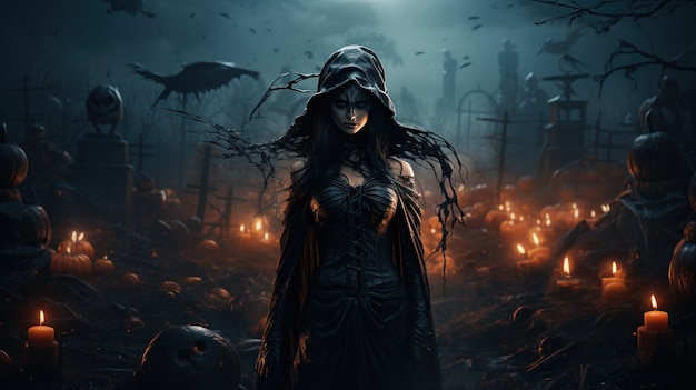 Halloween Vecchia strega e castello oscuro con cimitero Luna piena notte spettrale oscurità misteriosa della foresta