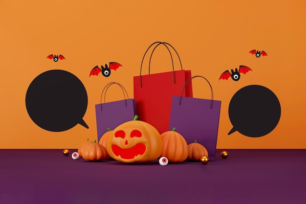 Halloween vendita banner design zucche di halloween e shopping bag su sfondo arancione per il saluto c