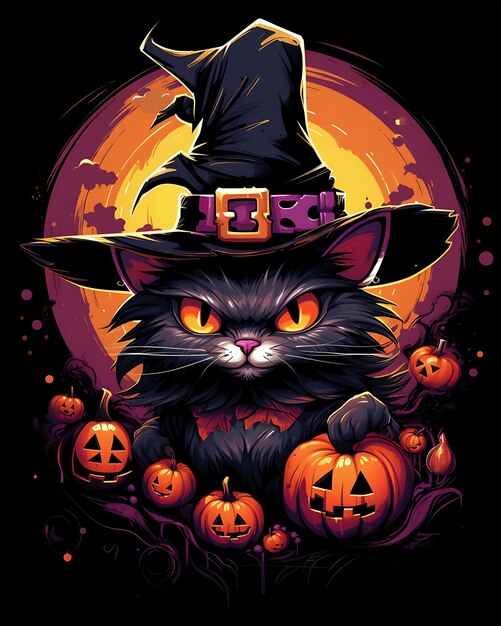 Halloween Witches Scary Hat Cat illustration isolato clip horror sfondo nero