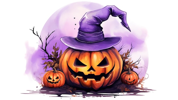 Halloween zucca in un cappello grande luna pipistrello sfondo acquerello