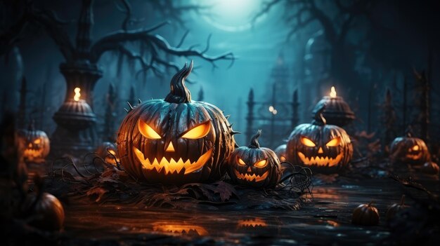 Halloween zucca malvagia di notte con occhi di candela luminosa orrore