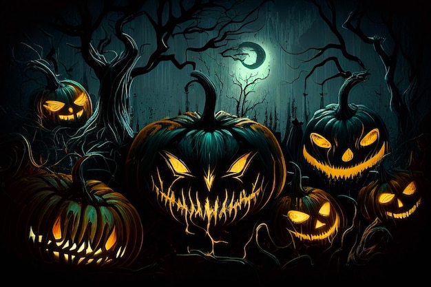 Halloween zucche e castello scuro su sfondo blu Moon, illustrazione.